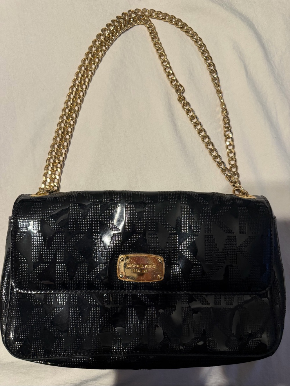 Michael Kors Black Patent Logo Shoulder Bag with Gold Chain Strap